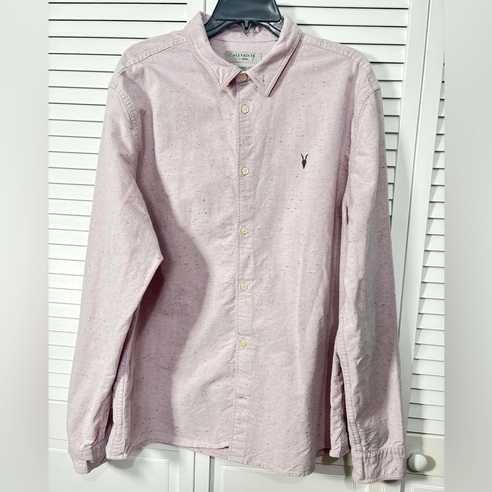 AllSaints Relaxed Fit Organic Cotton Button Down Shirt Ash Pink Men Size XL